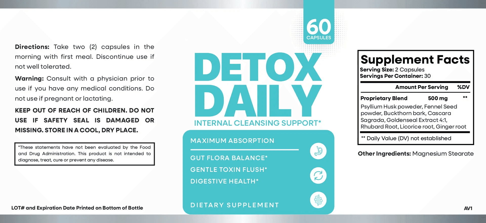 Detox Daily 1 Bottle ingredient label and supplement facts