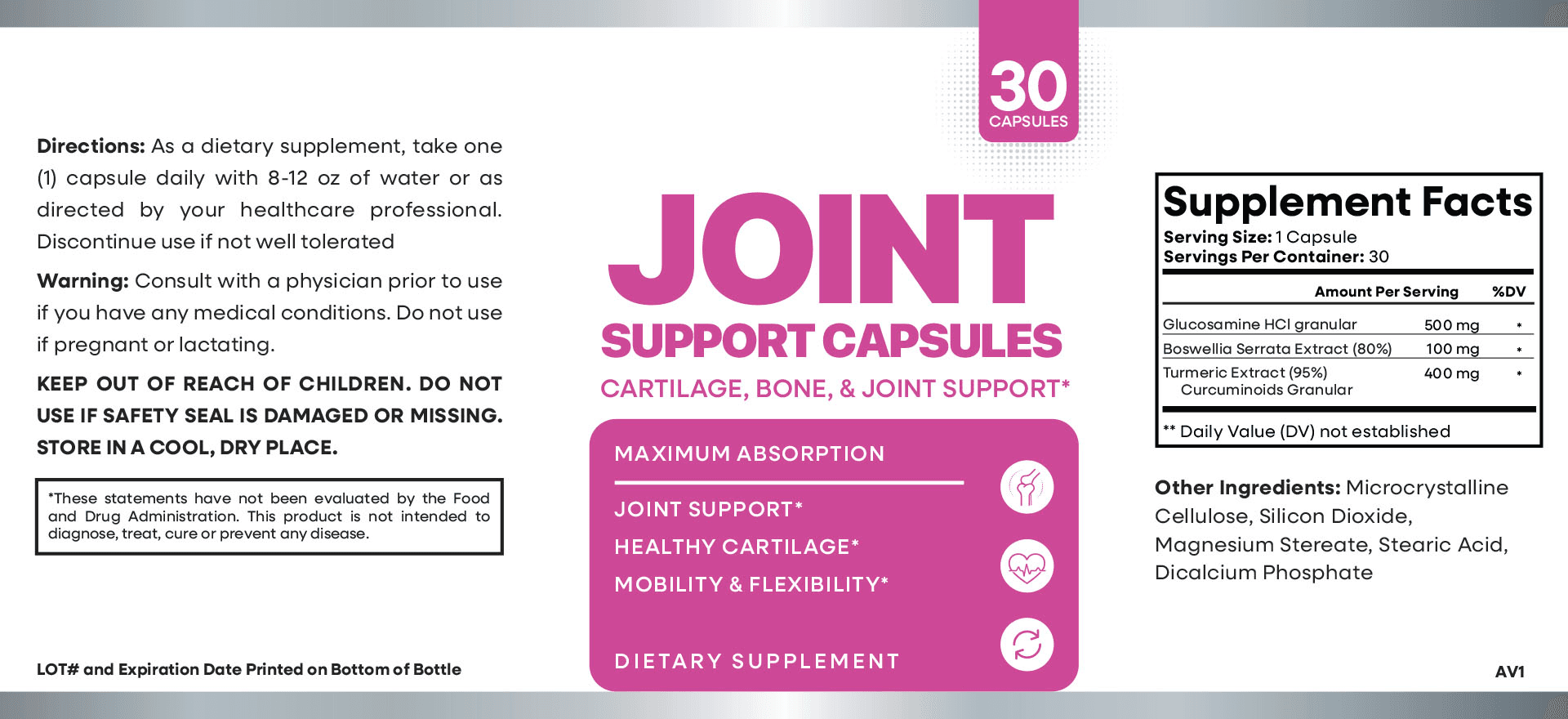 Joint Support Capsules 1 Bottle supplement facts label