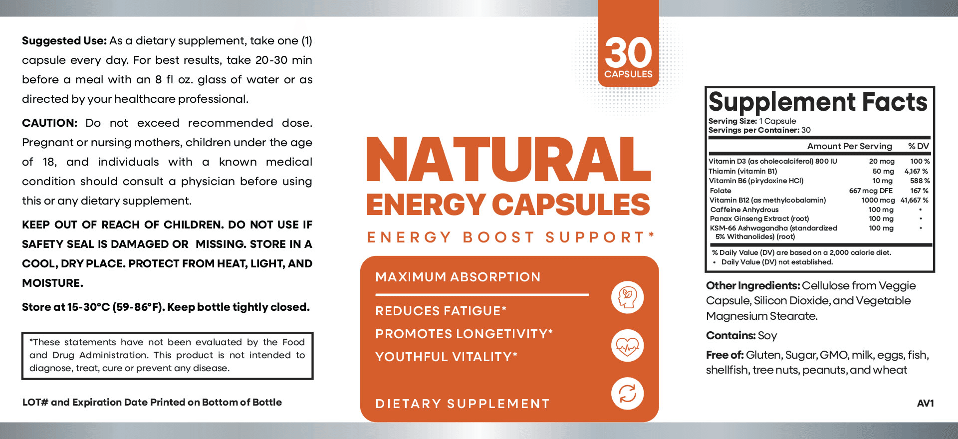 Natural Energy Capsules 1 Bottle supplement facts label